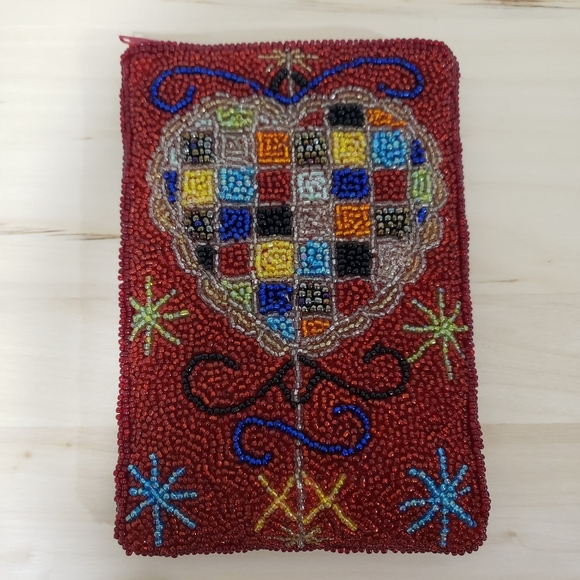 Beaded Heart Pattern Clutch Purse Bag Pouch Red Multicolor Beaded Boho Goth - Picture 3 of 11